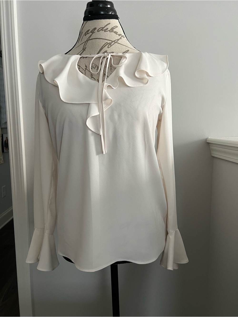 LOFT Cream Ruffle Tie-Neck Blouse
